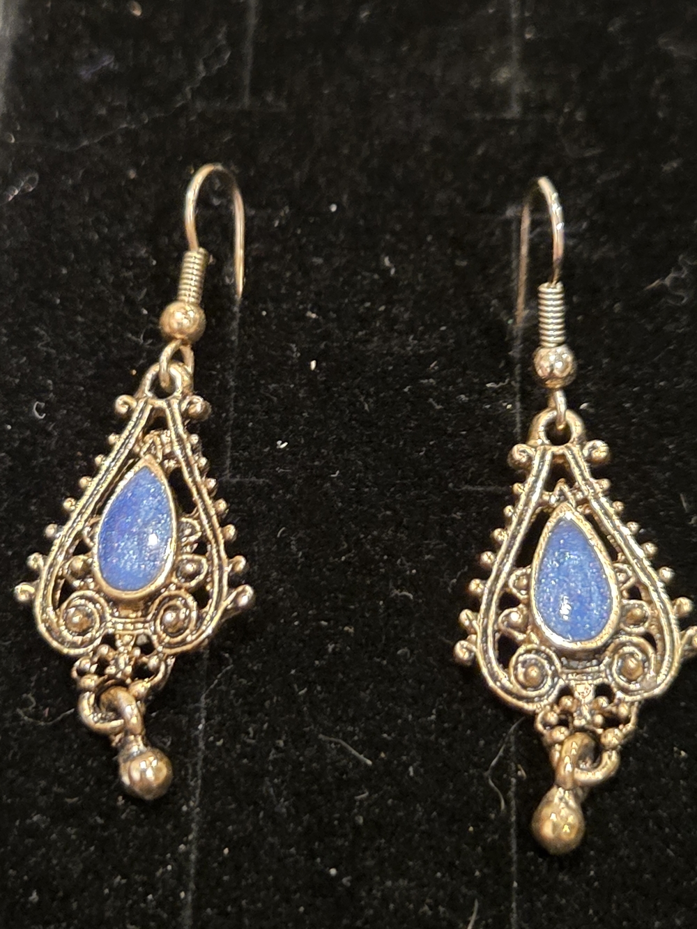 Gold-Tone Teardrop Filigree Earrings with Blue Inlay